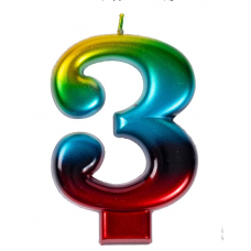 Свеча -цифра "3" Радуга металлик 8см/V